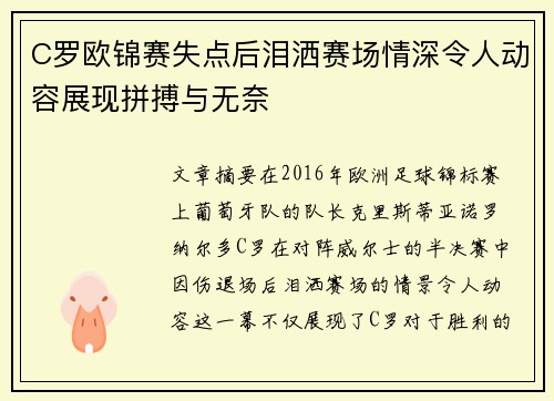 C罗欧锦赛失点后泪洒赛场情深令人动容展现拼搏与无奈